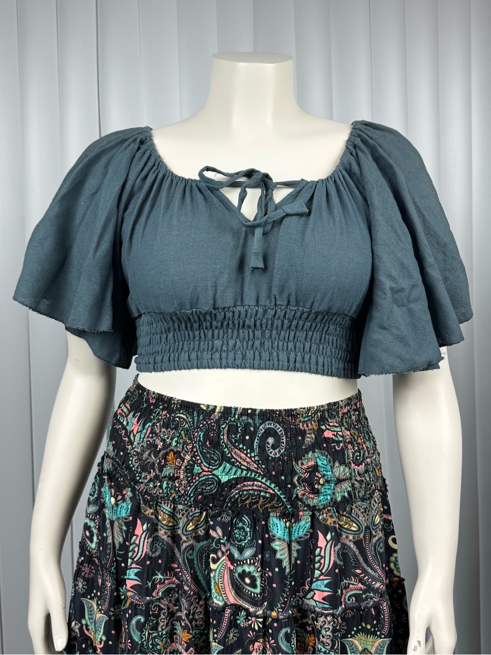 Rhea NWT Smocked Crop Top Boho Off Shoulder Flutter Sleeve One Size